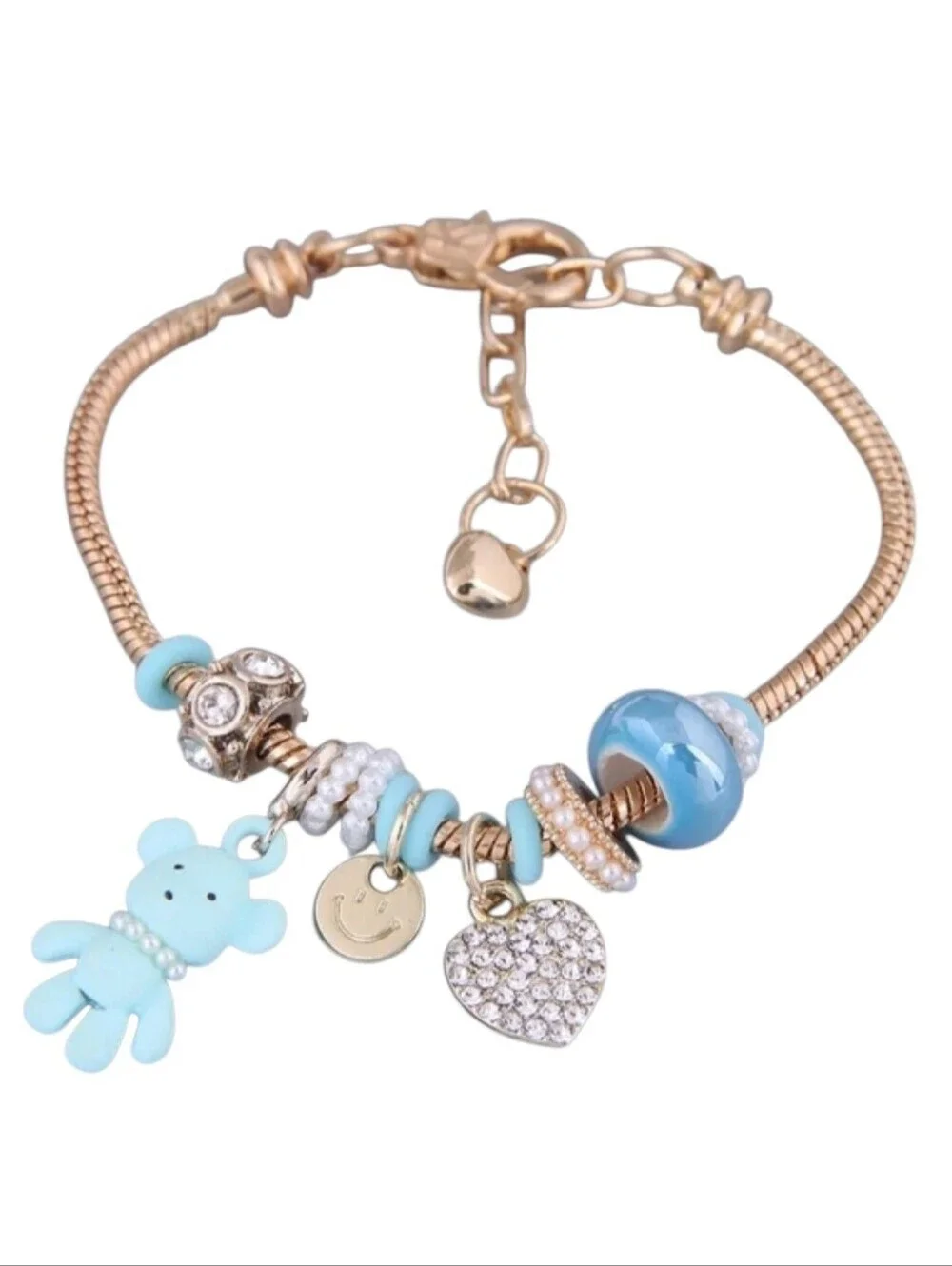 Heart and Teddy Bear Charm Bracelet Blue Zircon Heart Charm